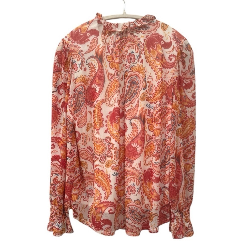Harper 241 Boho Blouse Top Red Orange Paisley Lined Sheer Arms Tie Sz L - Picture 3 of 11